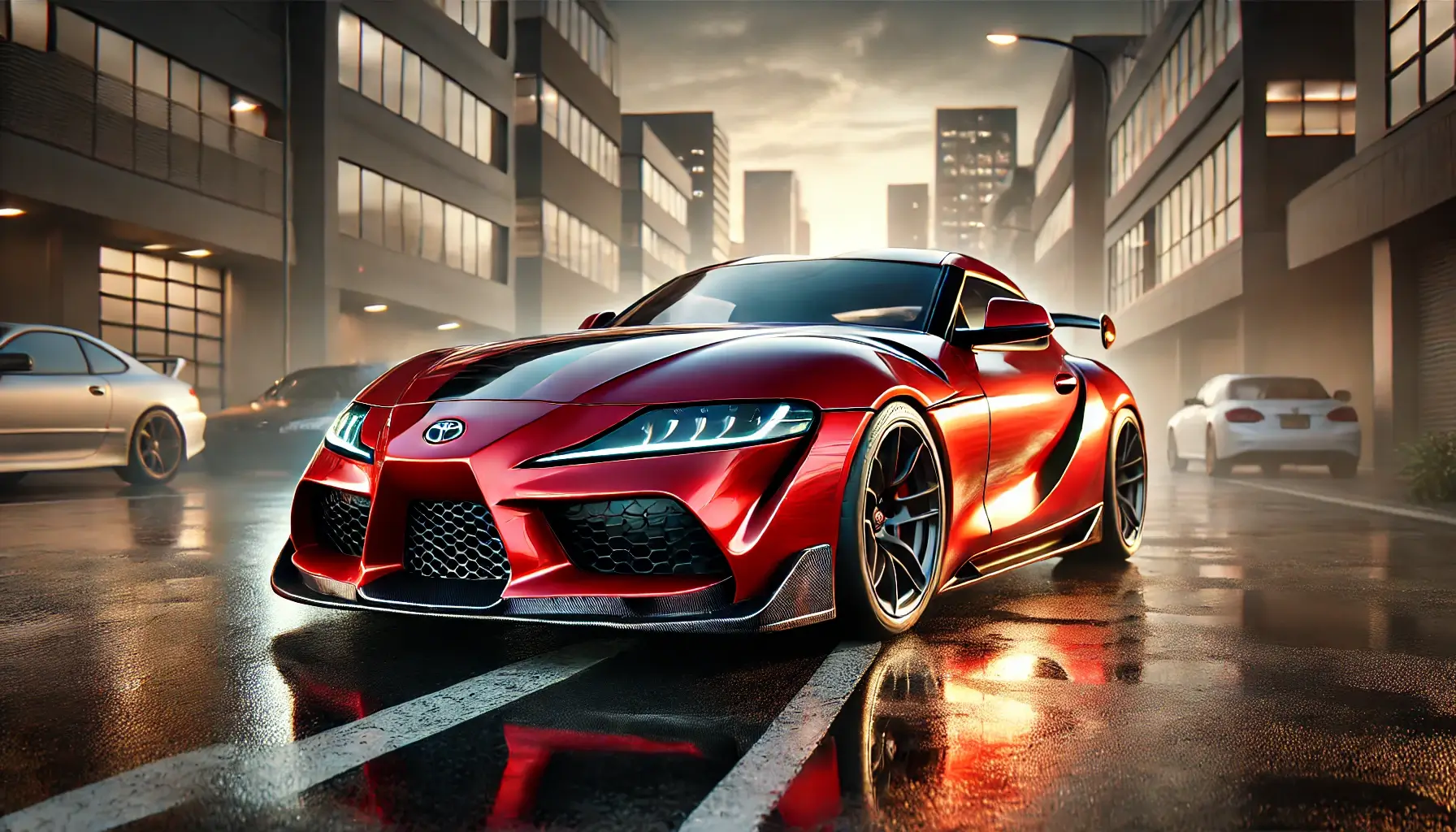 Red Toyota Supra Sports Car on Urban Street During Sunset 4K Wallpaper