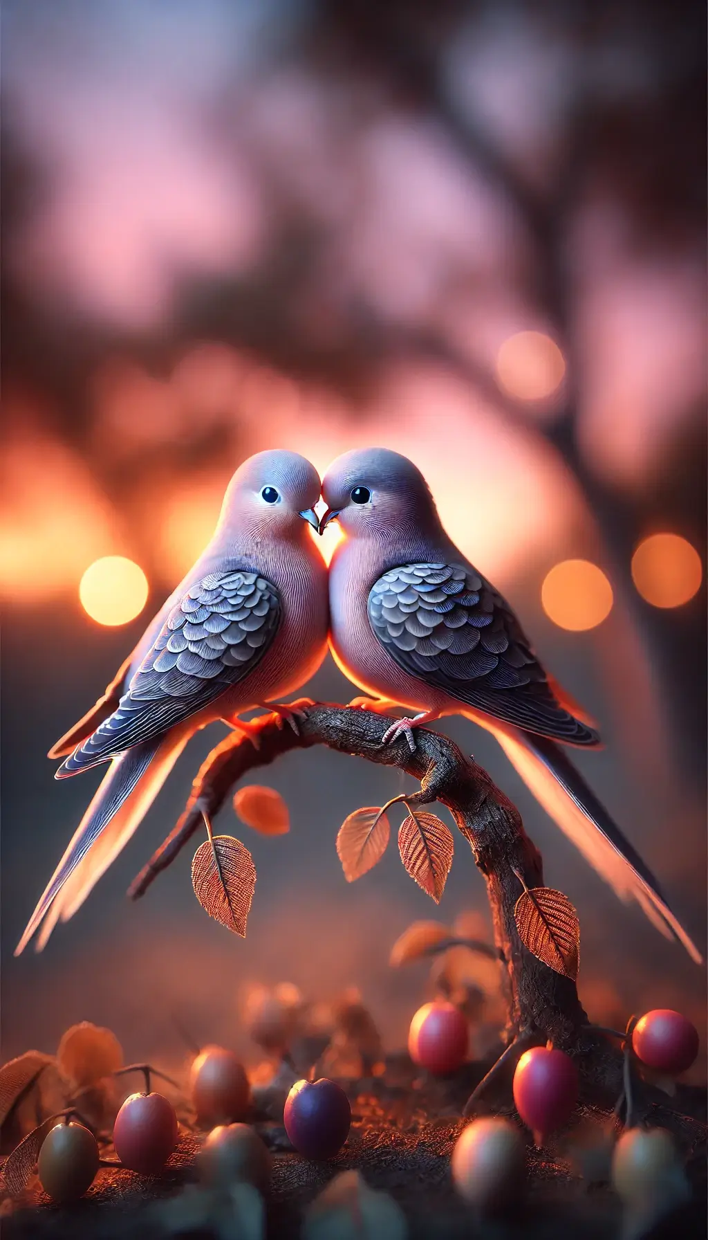 Romantic Two Birds on Branch at Sunset