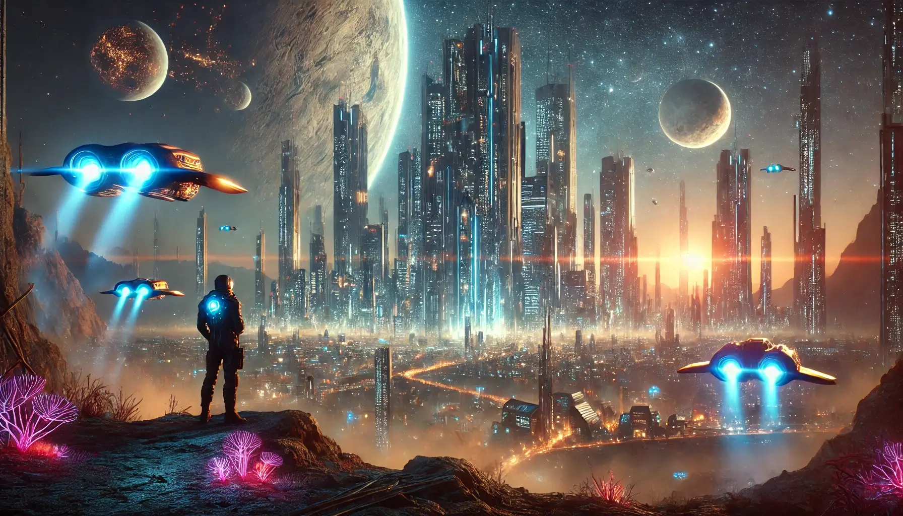 Sci-Fi Futuristic City Alien Planet Neon Skyline 4K Wallpaper