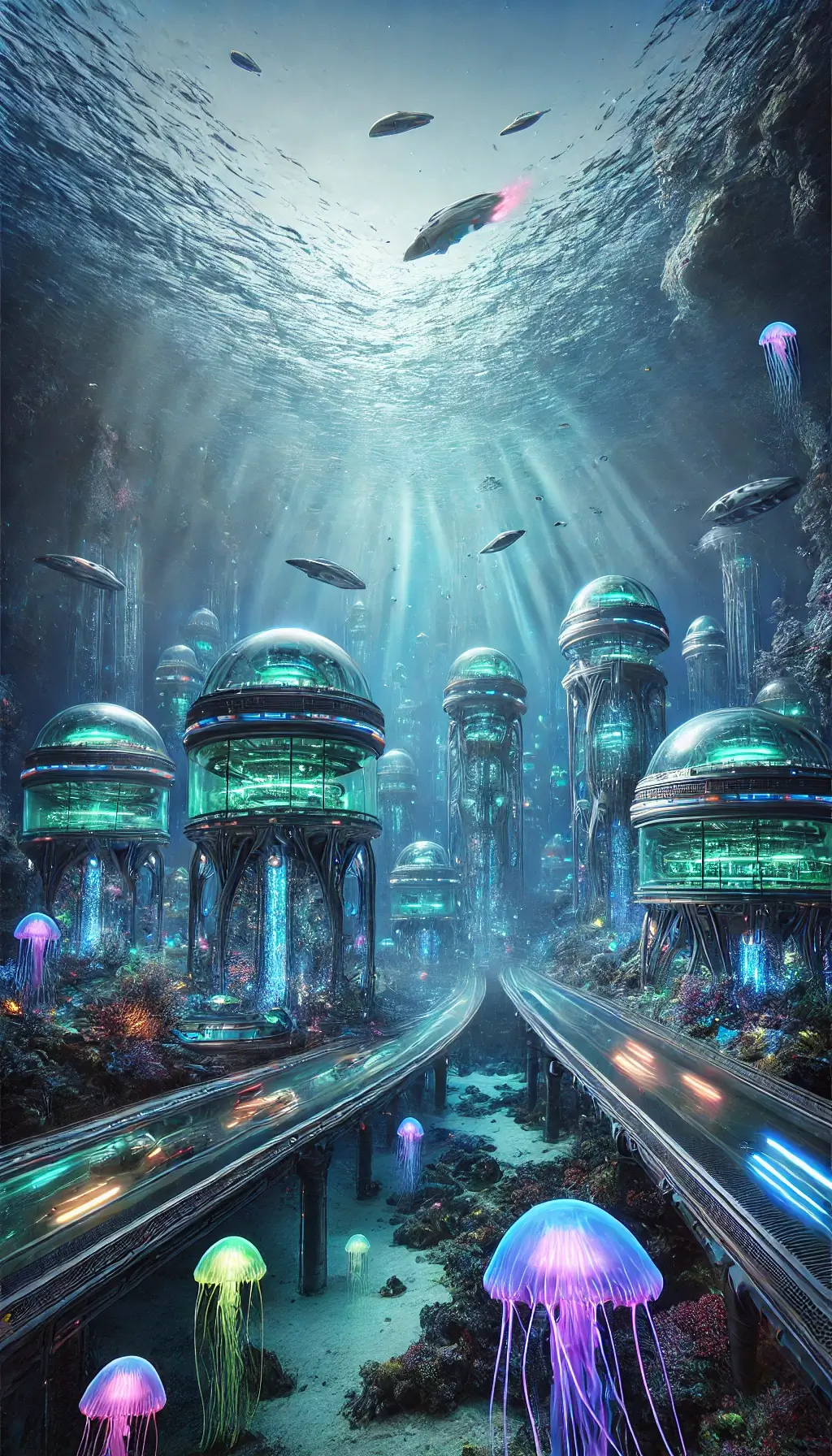 Sci-Fi Underwater City Neon Lights Futuristic Ocean Wallpaper