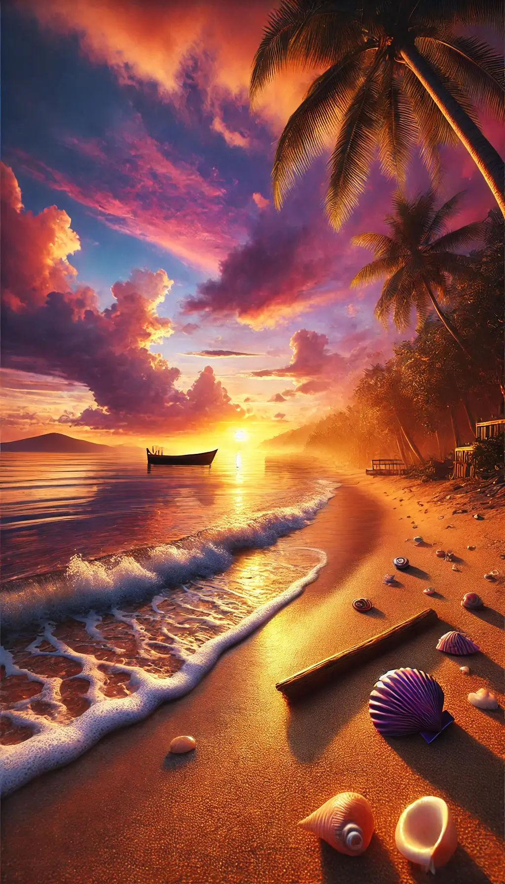 Serene Beach Sunset with Golden Sands and Tranquil Seascape