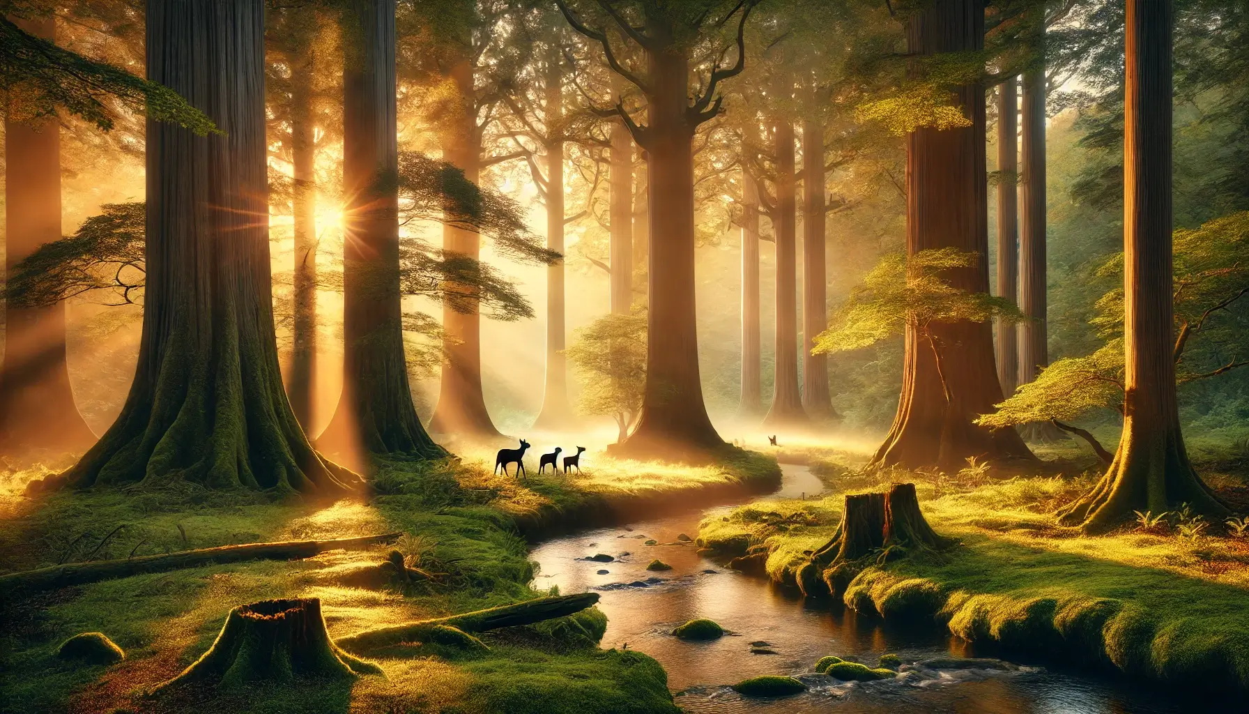 Serene Forest Clearing at Dawn with Deer by River