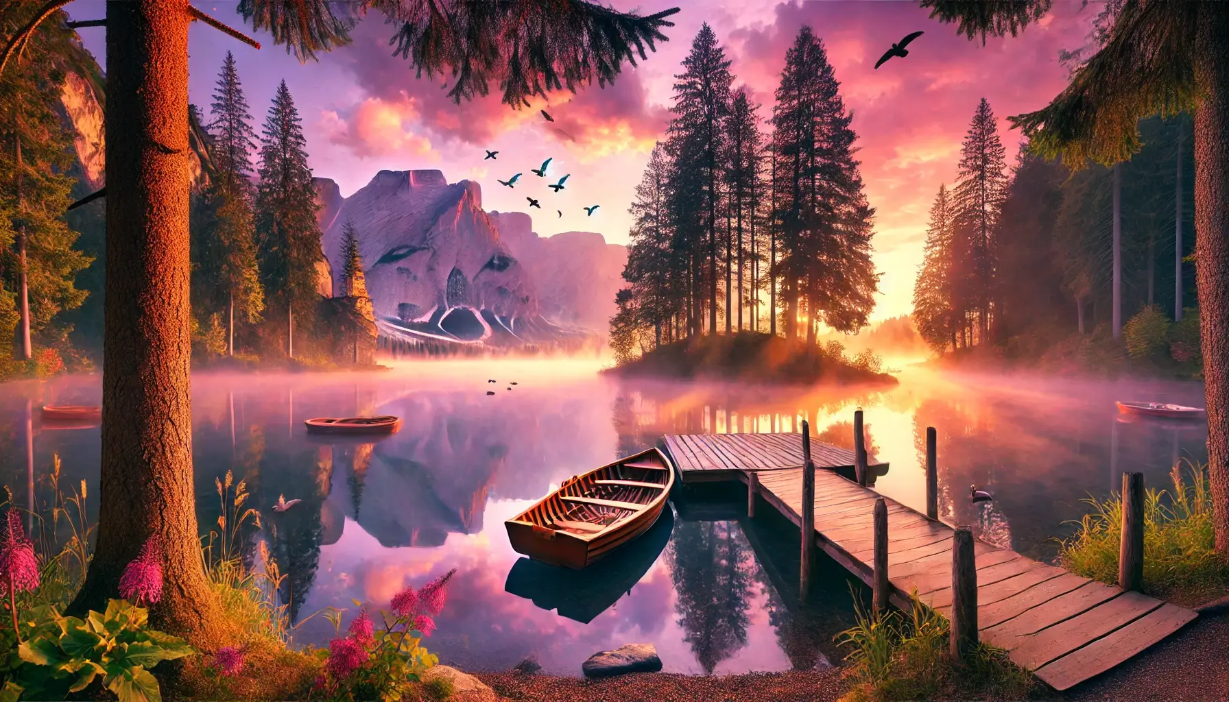 Serene Lakeside Sunrise with Mountain Landscape