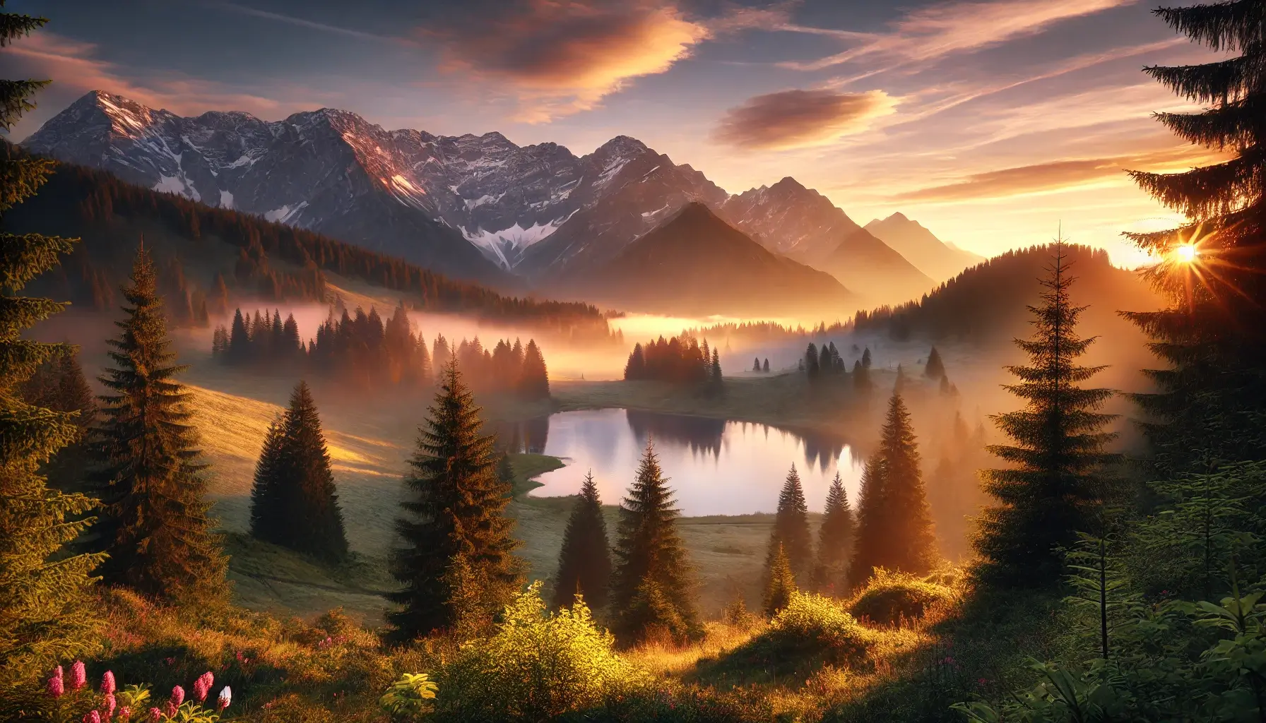 Serene Mountain Sunrise Over Lake Scene