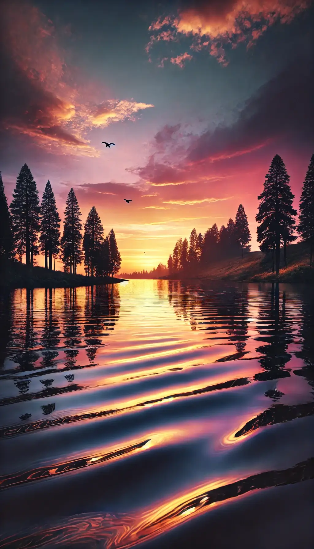 Serene Sunset Over Lake with Pine Trees in 4K