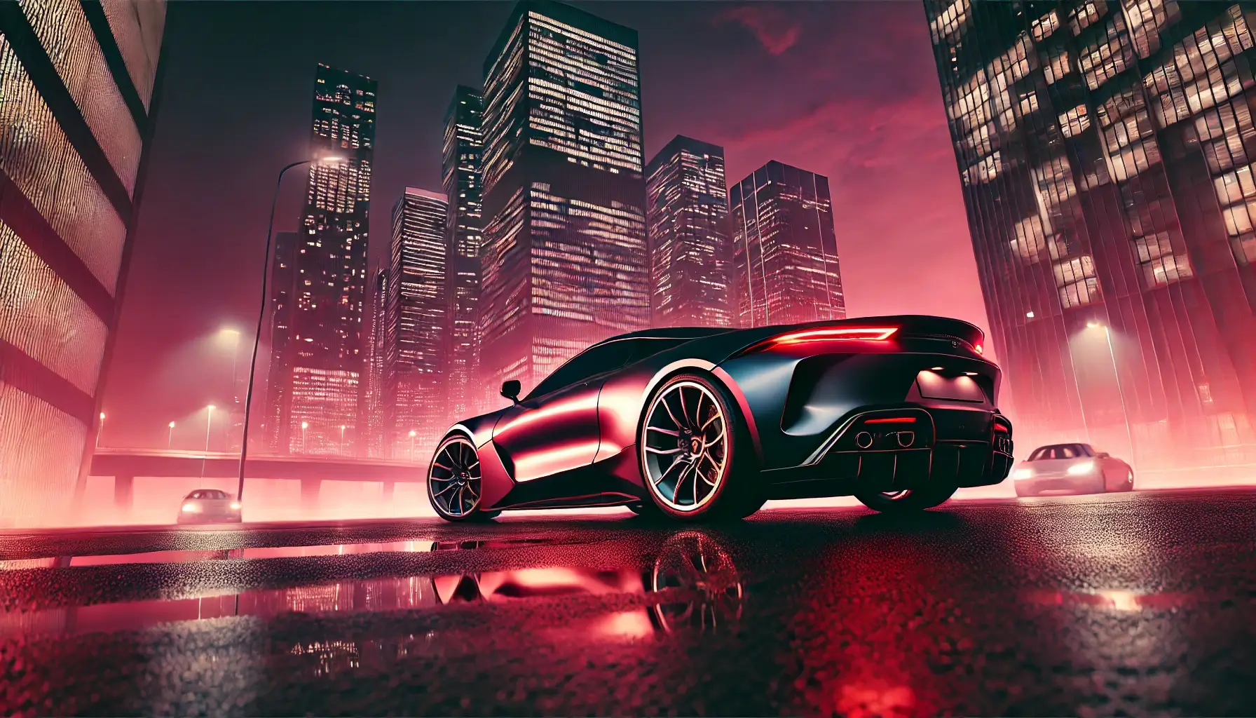 Sleek Sports Car City Dark Pink Wallpaper