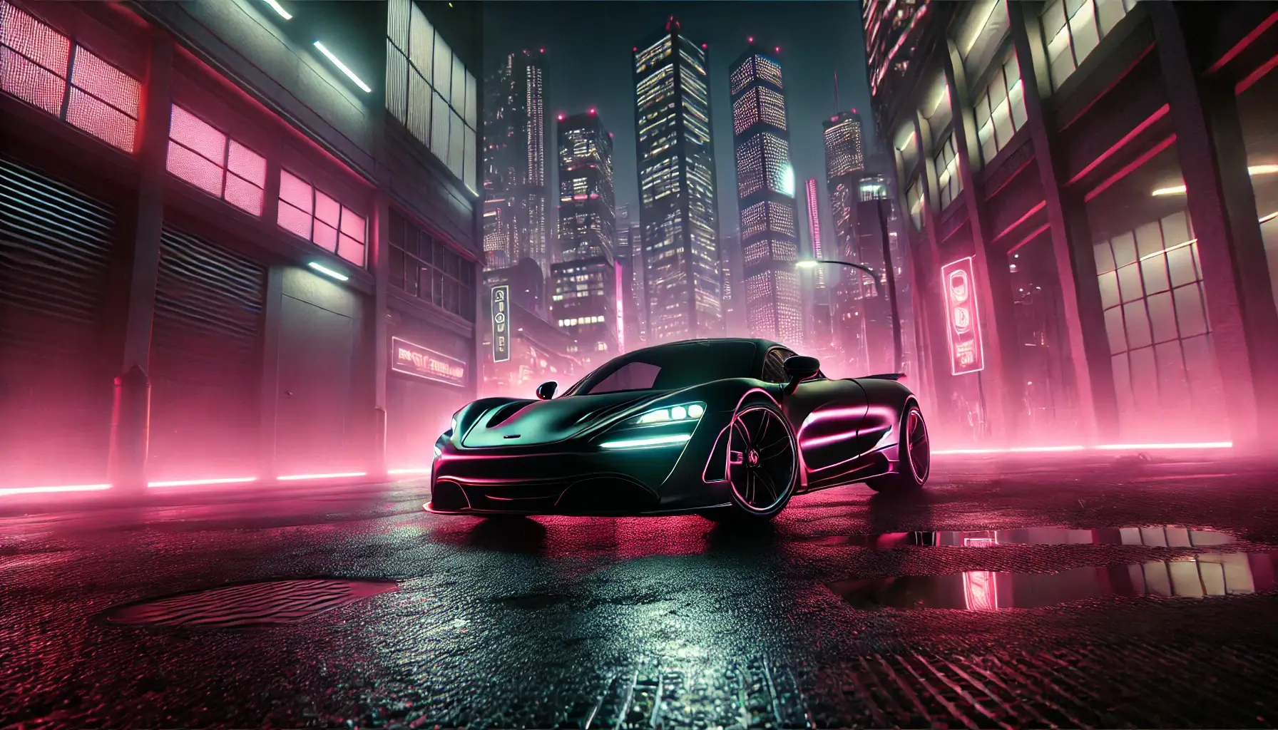 Sleek Sports Car City Dark Pink Lighting 4K HD Wallpaper