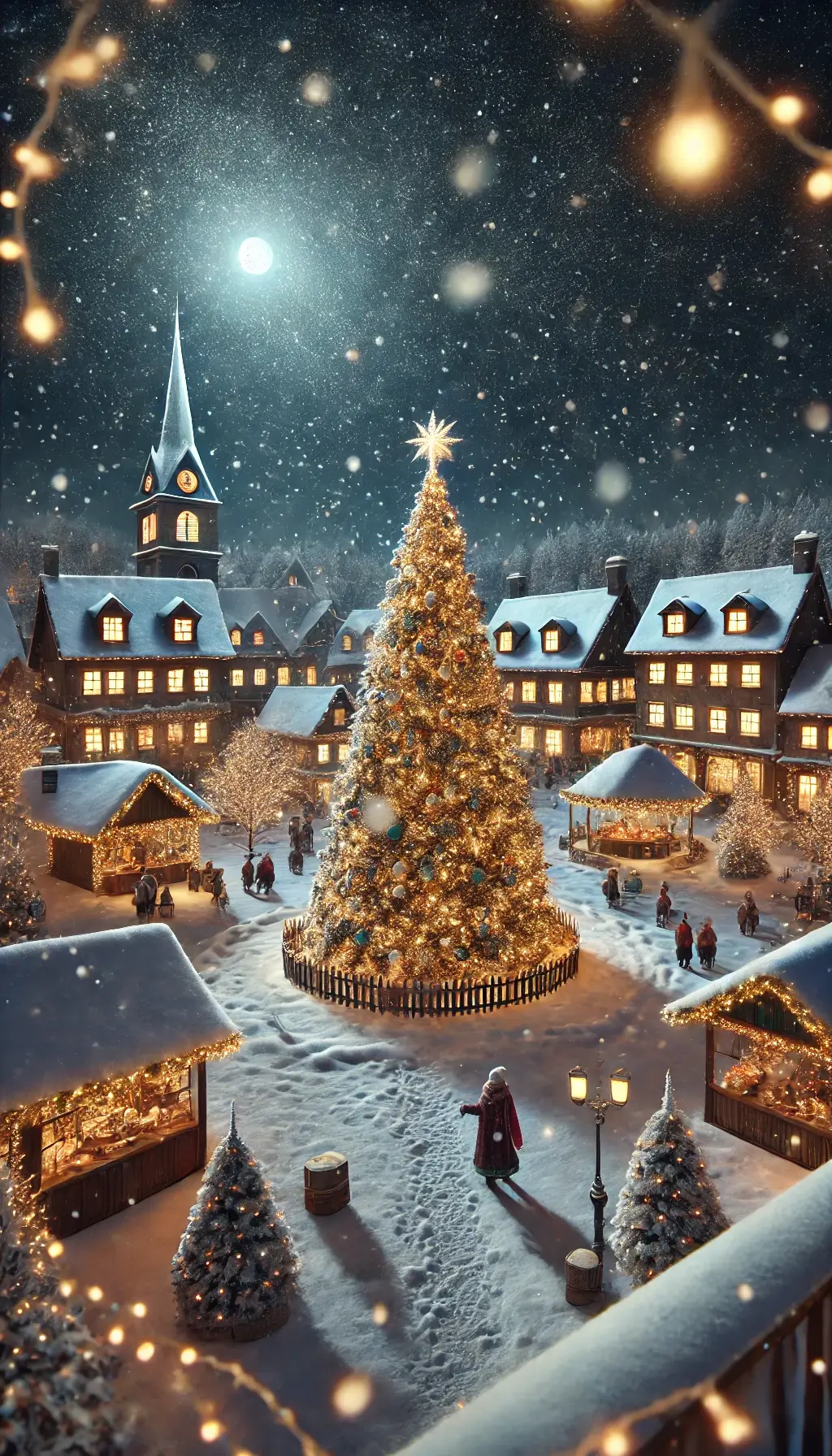 Snowy Christmas Village Night Scene with Lights