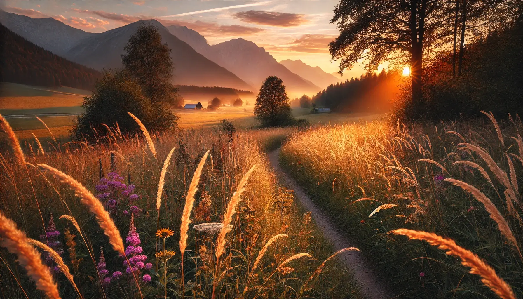 Sunlit Meadow with Mountains at Golden Hour