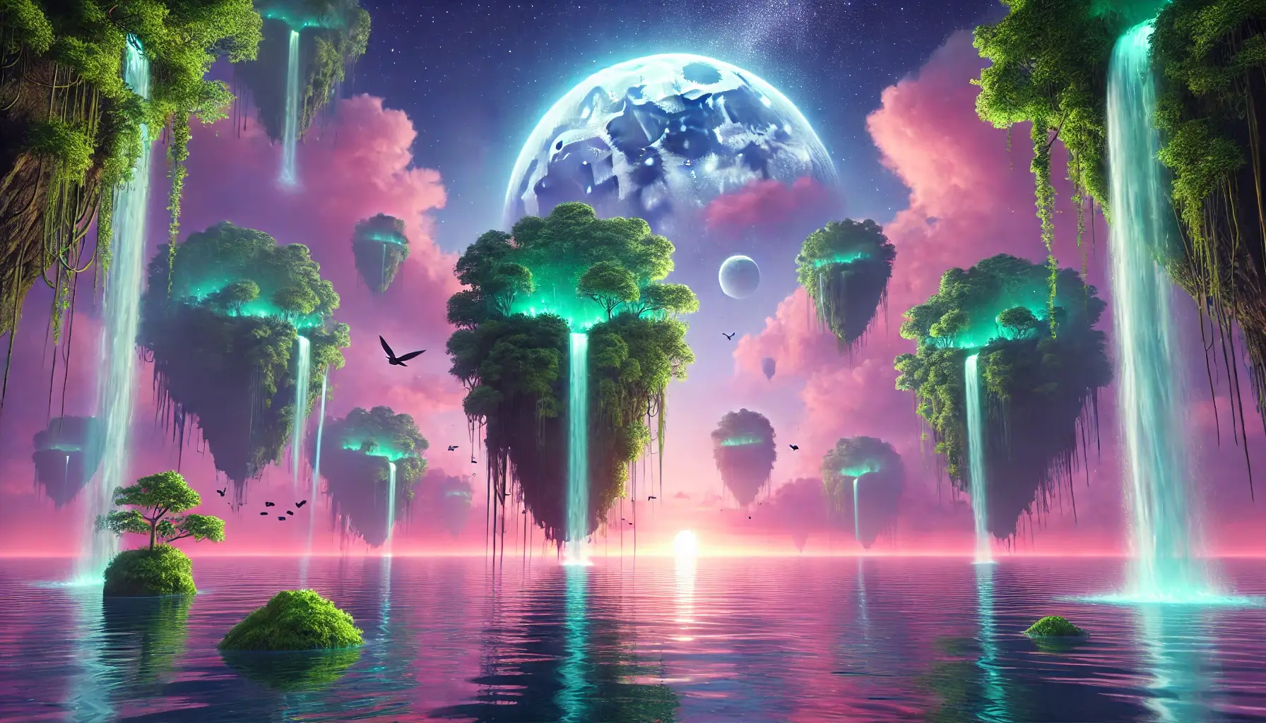 Surreal Floating Islands at Sunset Fantasy Landscape