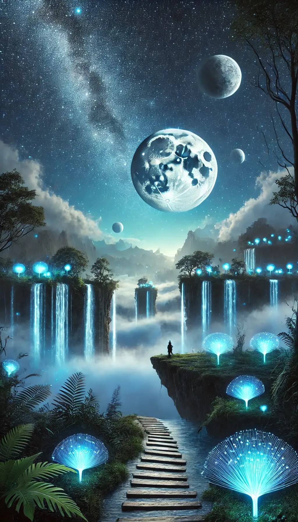 Surreal Floating Islands with Waterfalls in Mystical Night Scene