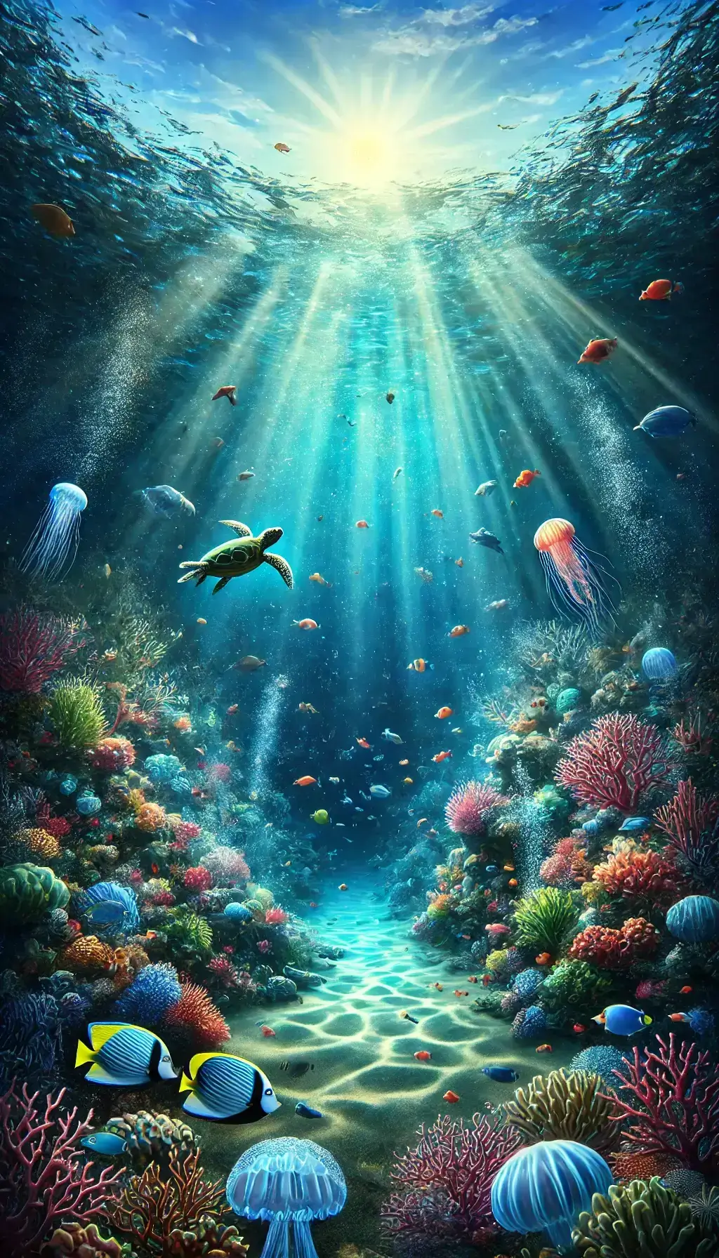 Underwater Coral Reef with Turtles and Fish