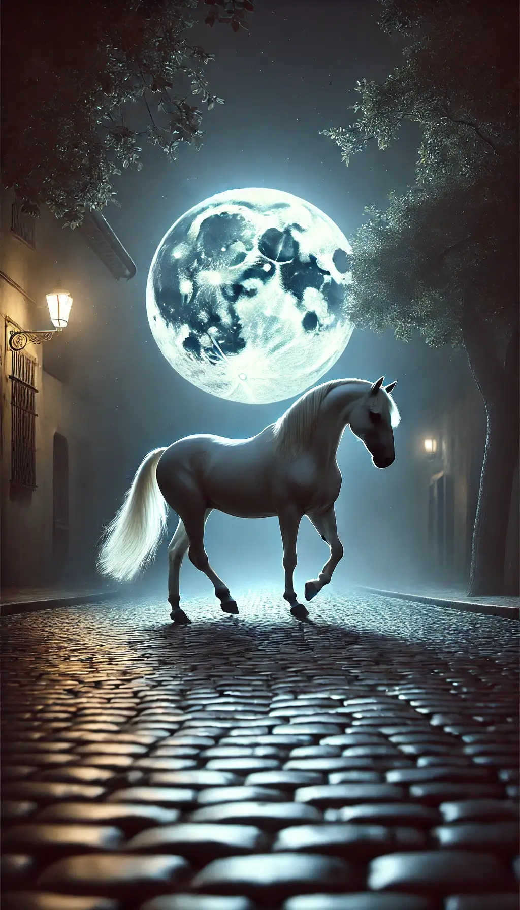 White Horse Walking in Moonlight Night